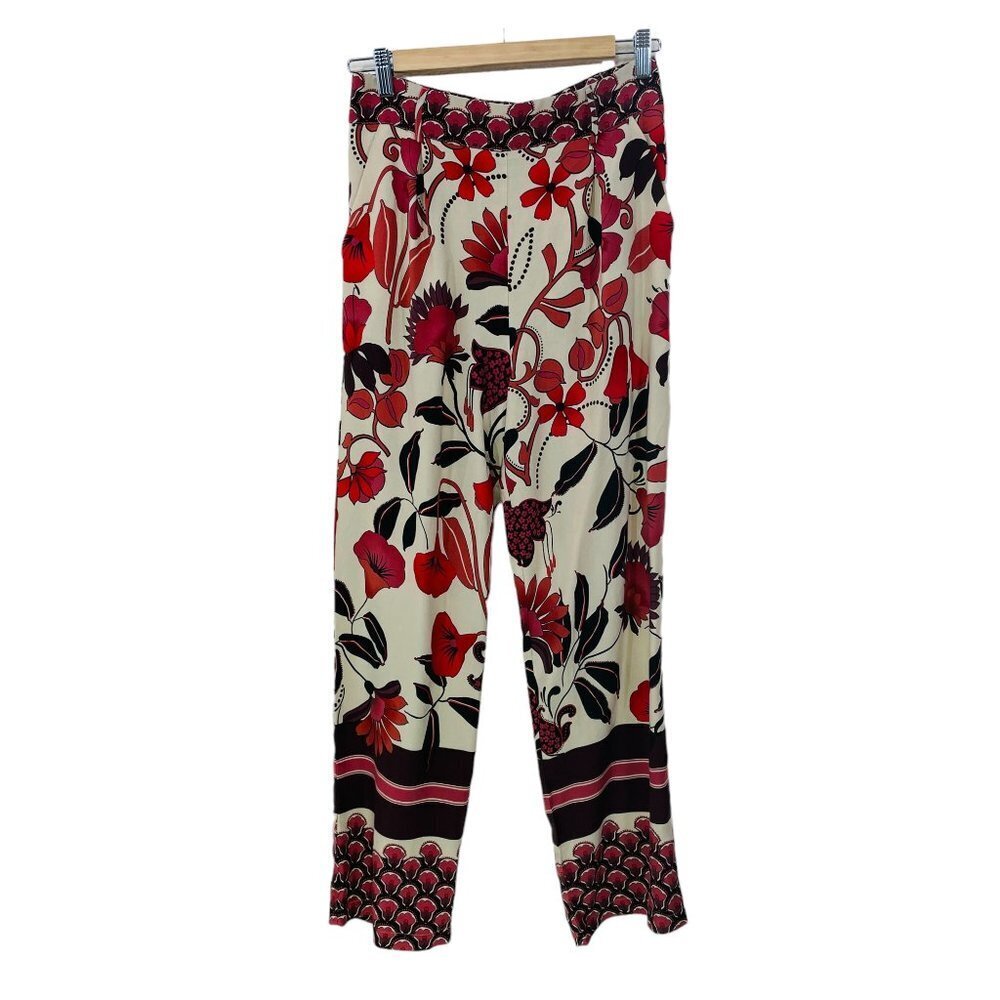 SUD Express Paris Designer Women's Size 38 Small  Floral Pants Ivory Red Pockets